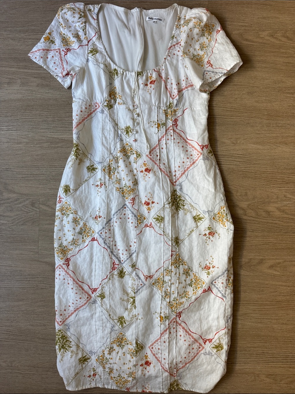 Reformation White Floral Patchwork Midi Dress with Pink and Olive Accents